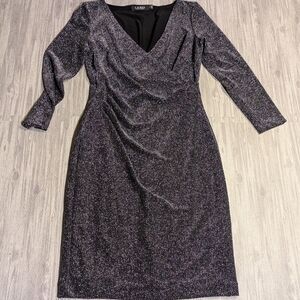 Lauren Ralph Lauren Womens Silver Metallic‎ Faux Wrap Midi Dress | Party| Size 8